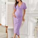 AISWI 2025 Womens Maternity Wrap Dress V Neck Ruffle Sleeves Semi Formal Baby Shower Photoshoot Party Cocktail Pregnancy (Purple, S)