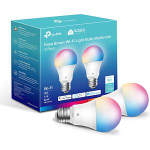 Kasa Smart Light Bulbs, Full Color Changing Dimmable Smart WiFi Bulbs Compatible with Alexa and Google Home, A19, 60 W 800 Lumens,2.4Ghz only, No Hub Required, 2-Pack (KL125P2)