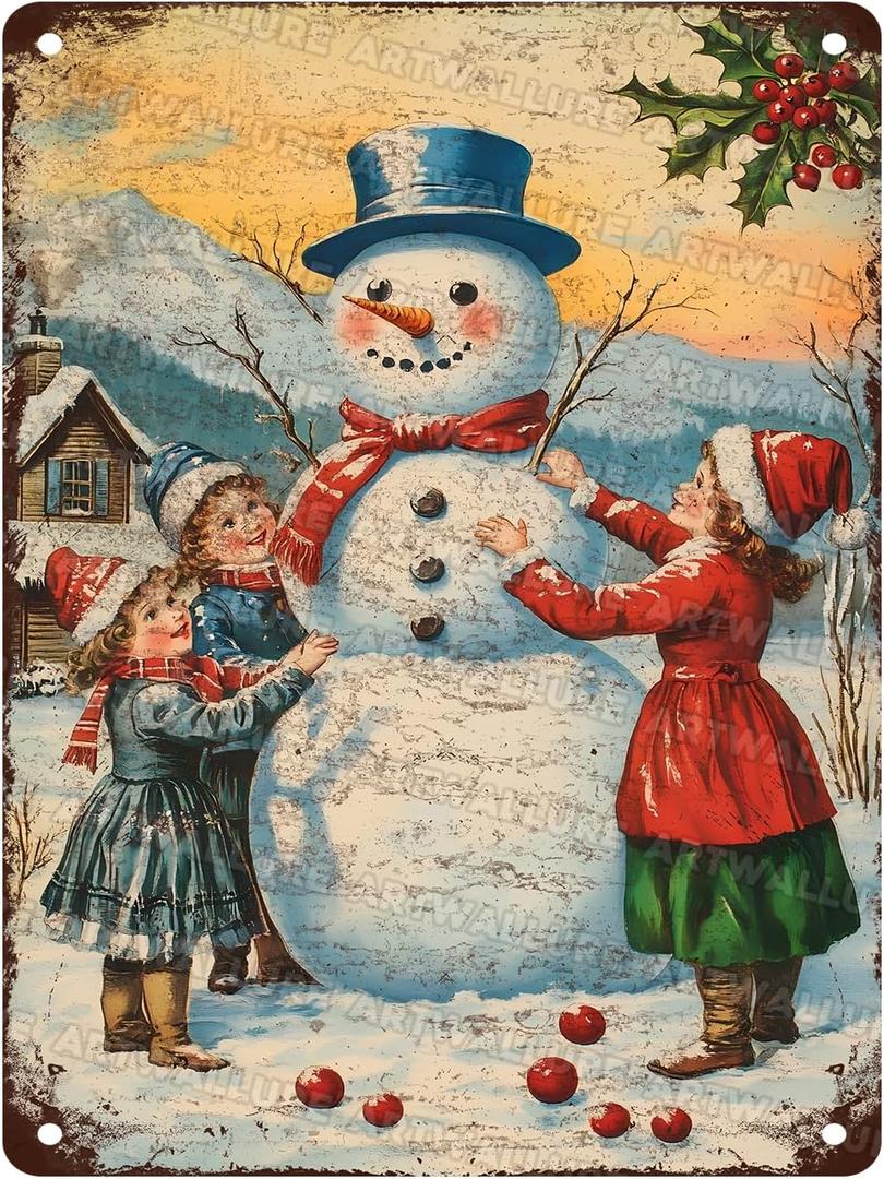 Snowman & Children Christmas Metal Wall Art for Living Room Above Fireplace and Beside Christmas Tree Winter Home Decor 12x16inch