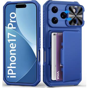 For iPhone 17 Pro Case Wallet with Card Holder (4-5 Cards), Slide Camera Cover, Military Grade Shockproof, Heavy Duty Rugged Women Men Phone Case for iPhone 17 Pro 6.3" 2025, Royal Blue