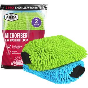 AIDEA Car Wash Mitt Microfiber, 2PK Scratch Free Lint-Free, Premium Chenille Microfiber Mitt Car Wash Brush, Green & Blue, Regular Size 7.12''X10.14''