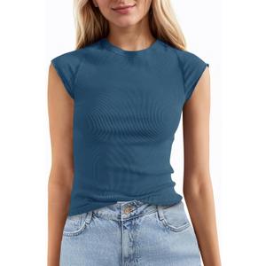 Tankaneo Womens Cap Sleeve Tops Crew Neck Ribbed Knit T Shirt Summer Casual Slim Fit Basic Tees Tshirt (Blue, M)