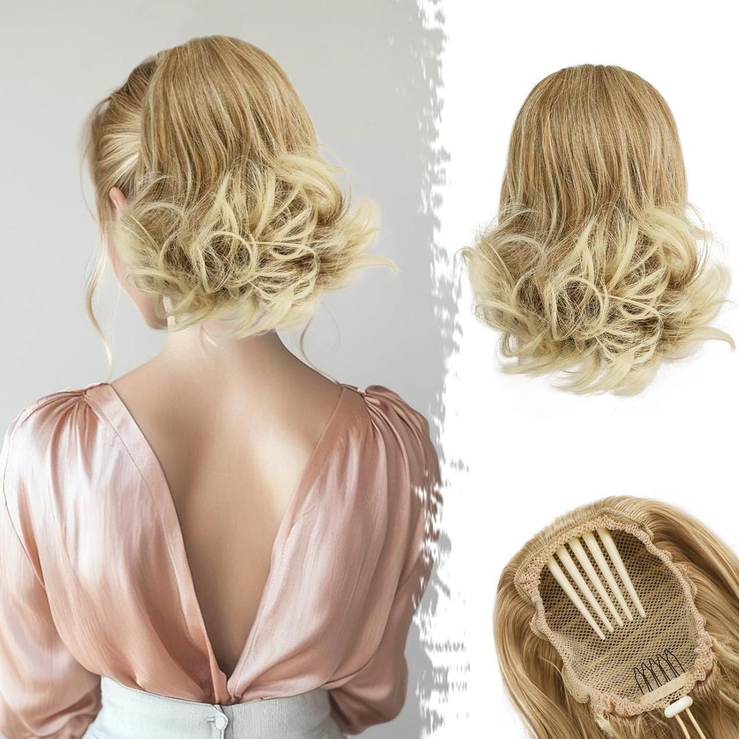 BARSDAR Short Blonde Ponytail Extension - 10 Inch Wavy Drawstring Ponytail Hair Extensions for Women - Synthetic Comb Clip in Ponytail Hairpieces Fake Pony Tails - Mixed Blonde & Bleach Tips