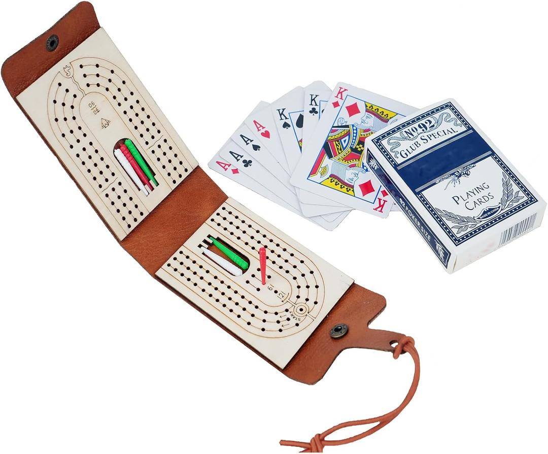 Foldable Travel Cribbage Board Game Set Pocket Game for Adult, Leather Cribbage Board Set with Cards Storage Area for Cribbage Lovers for Friends, Couples & Coworkers (1pack)