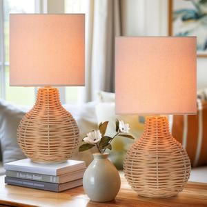 Rattan Table Lamp, Vintage Wicker Wooden Nightstand Lamp Set of 2, Boho Bamboo Woven End Table Lamp for Bedroom Living Room Desk Room