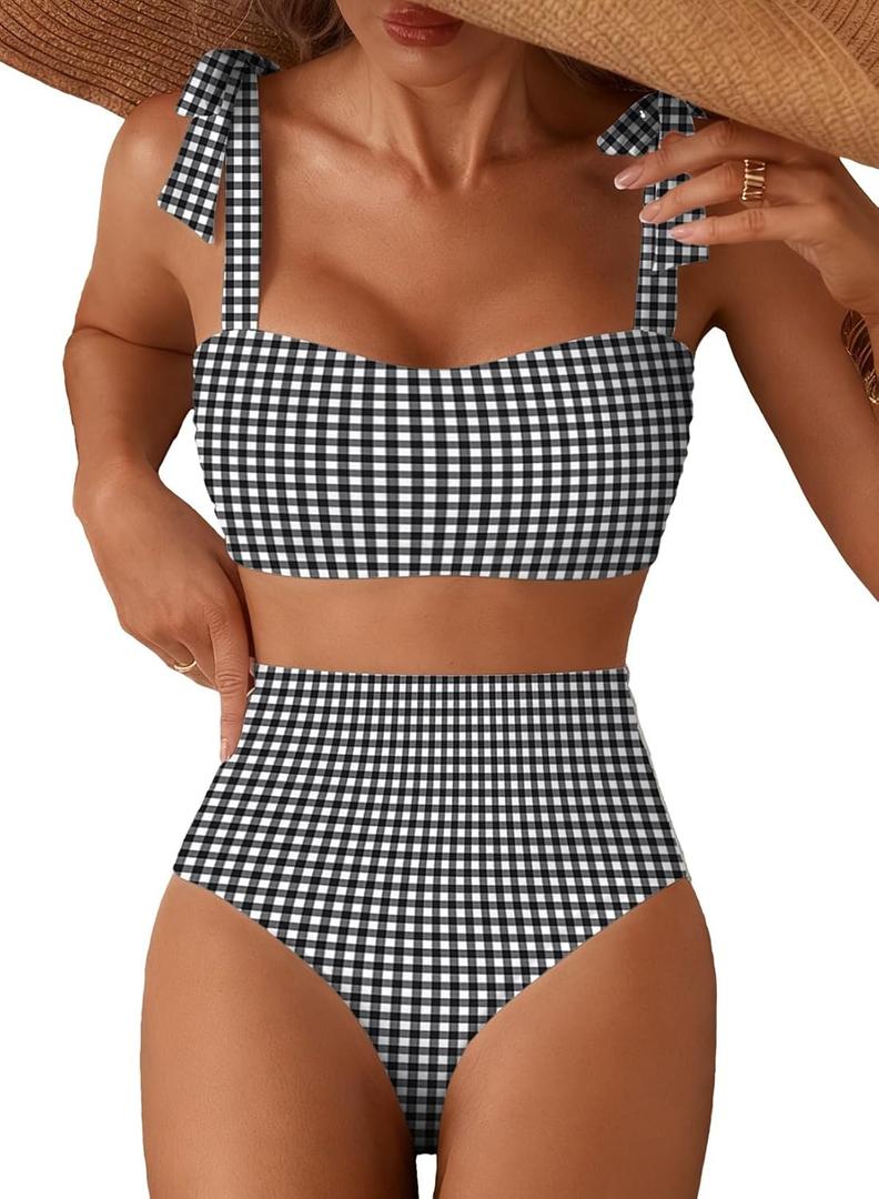 Herseas Women's Tie Shoulder Bikini Sets 2 Piece Striped Swimsuits High Waisted Bathing Suits (Black, M)