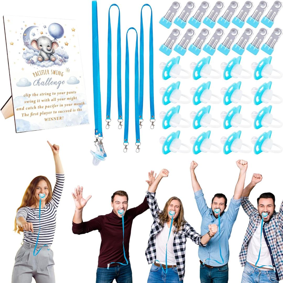 49 Pcs Swing Pacifier Baby Shower Gender Revealing Game Including 1 Wooden Sign and 16 Pacifiers and 16 Magnetic Flat Mouth Clips and 16 Double Hook Ropes for Adult Bridal Shower Wedding Party Favors