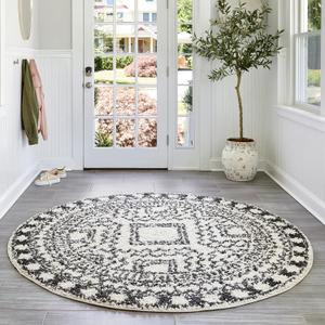 Nuloom Vasiliki Off-White/Charcoal, 4' Round, Moroccan Shag, Tassel, Soft and Plush, High Traffic, Stain Resistant, Easy Clean, Durable Area Rug for Bedroom, Living Room, Dining Space, Den, Foyer