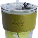 2 x 13oz Avocado Green Iced Coffee Cup with Plastic Lid, Vegan Leather Sleeve, Glass Tumbler with Straw and Lid, Matcha Cup, Hot and Cold Drink, Espresso Mug, (1 Count)