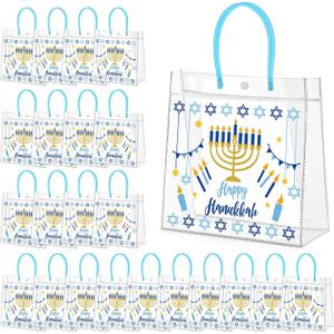 Kolldenn 12 Pcs Hanukkah Gift Bags Bulk Jewish Menorah Clear PVC Bags with Blue Handle Transparent Goodie Treat Pouch for Chanukah Festival Celebrations Party Supplies Decoration(9.84"x9.84"x3.54") (Colorful)