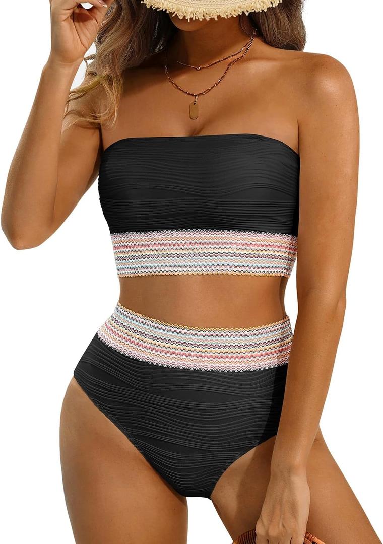 High Waisted Bandeau Bikini Set - Women Strapless Two Piece Swimsuits Ribbed Longline Full Coverage Bathing Suits Swimwear (Large, Black-Contrast Trim)