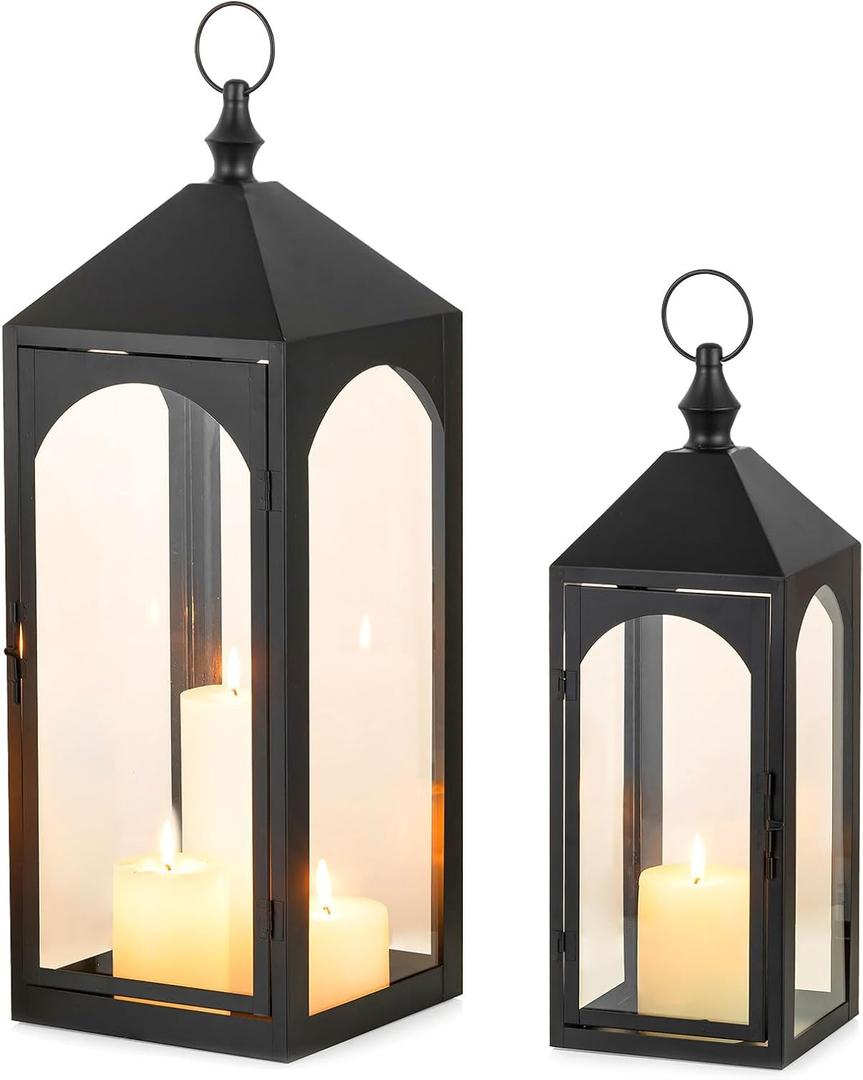 Large Outdoor Lanterns for Porch: 23" & 17" Set of 2 Floor Lantern Decorative Indoor with Glass Candle Holder for Fireplace Patio Modern Home Decor