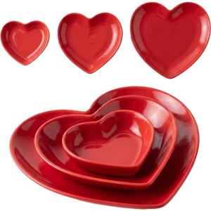 Suclain Valentines Day Red Heart Shaped Ceramic Plate Set of 3 Heart Dinner Dishes 3.15 4.92 7.09 Platter for Dish Dessert Salad Bowl for ValentineS Day Party Supply Microwave Dishwasher Safe