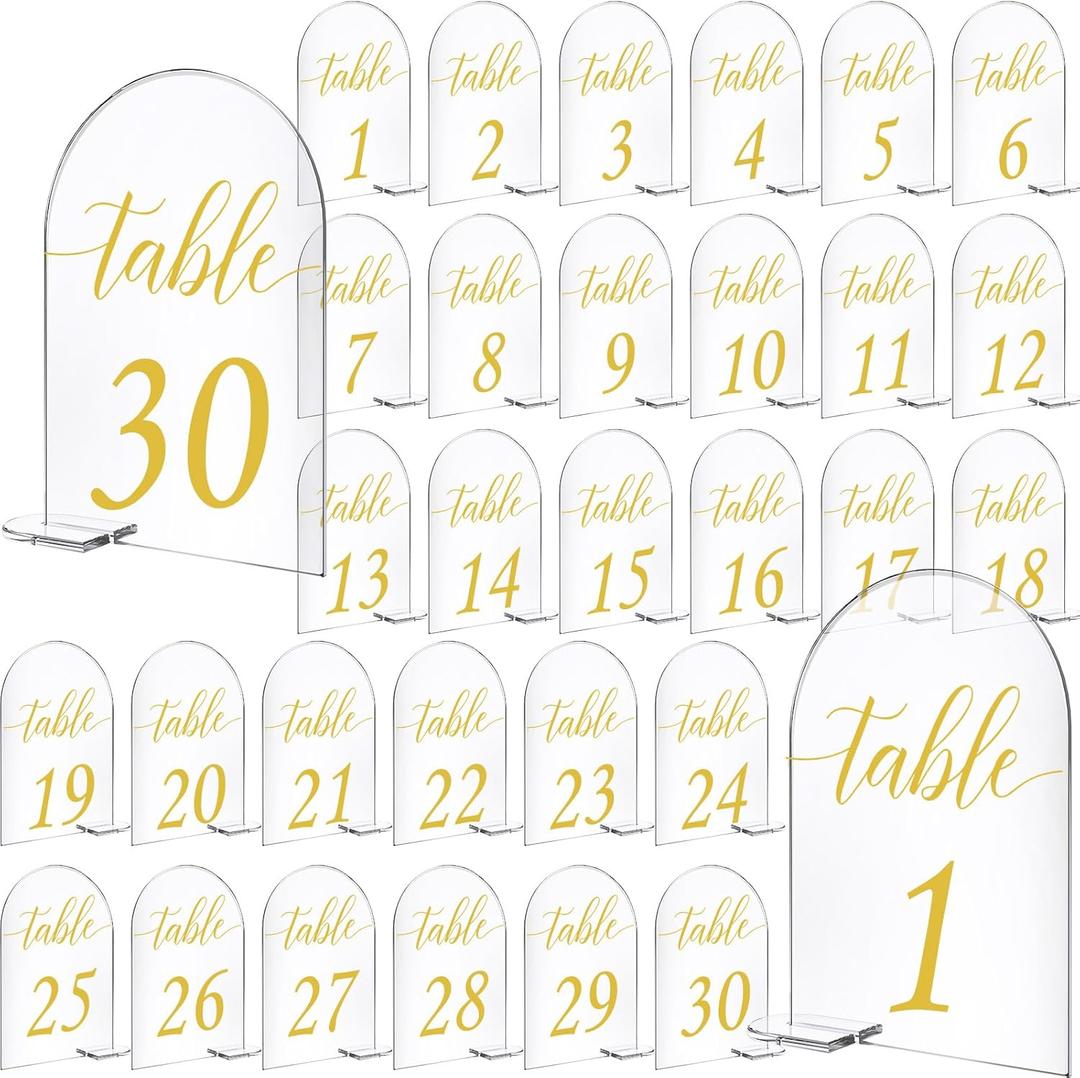 30 Sets Arch Acrylic Sign Gold Printed 1-30 Table Signs with Stands Calligraphy Clear Table Number Display Stand for Wedding Reception Event Party Restaurant Centerpieces Decor (5 x 7 Inch)