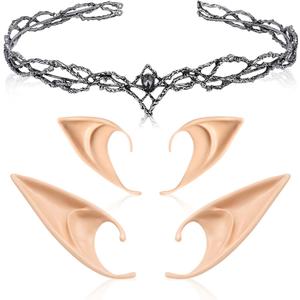 FRESHME Elf Ears with Crown Set, Soft Fairy Ears and Crystal Crown Headband for Women Halloween Cosplay Costume Party