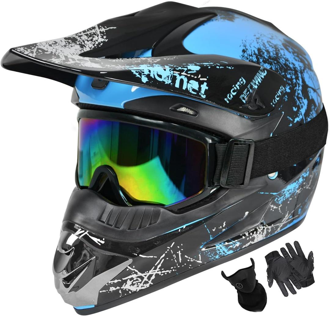 Dirt Bike Helmets Youth Motocross, Motorcycle, BMX, ATV, Off-Road, Four Wheeler, Adult Moutain Bike Helmets Dot Approved (Goggles Gloves Faceshield) (Blue, X-Large)