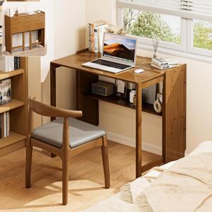 Bamboo Folding Desk for Small Spaces, Small Computer Foldable Desk, Brown | Space Saving Desk for Bedroom Home Office, Mid Century Sofa Table for Couch, Writing Work Office Desk