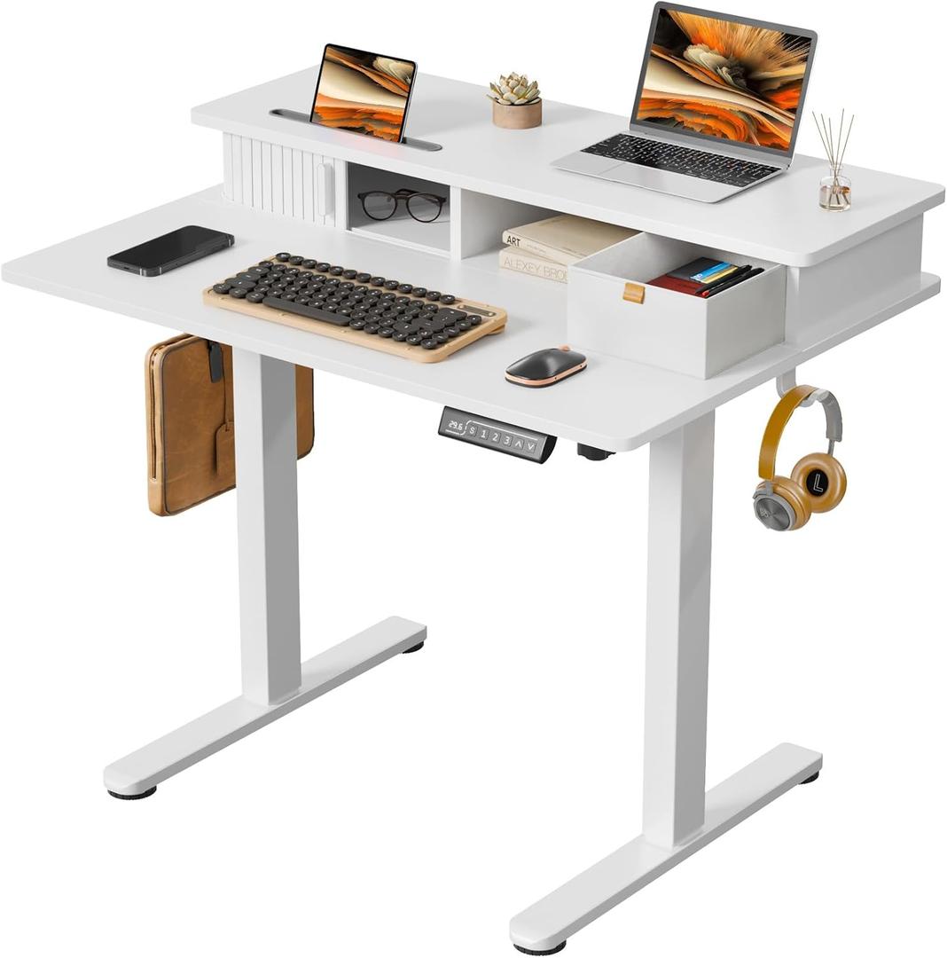 JOY worker Small Electric Standing Desk, 35" x 25" Height Adjustable Desk with Built-in Monitor Stand & Storage Drawer, White Sit Stand Table with 2 Hooks for Home Office
