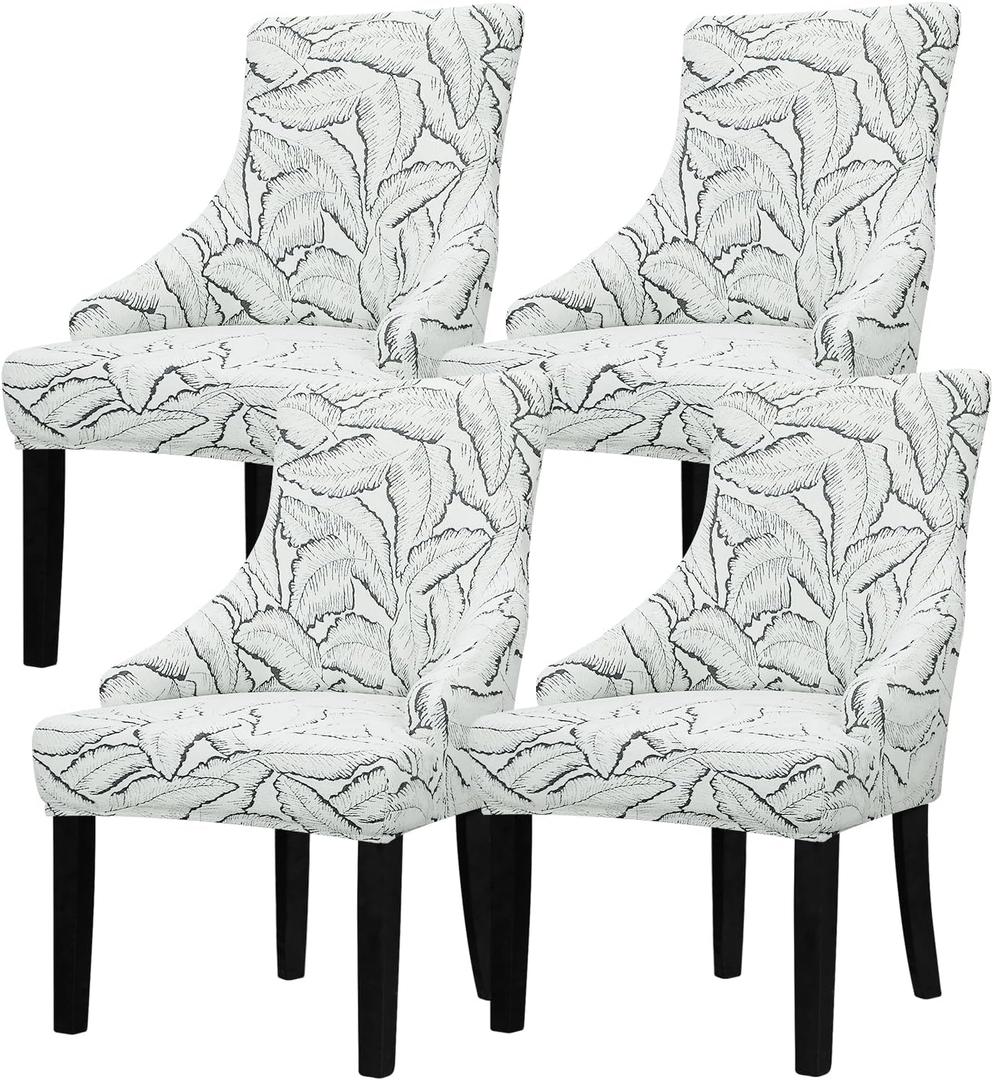 Lellen Wingback Chair Slipcovers with Pattern Stretch Wing Chair Covers Reusable Arm Chair Protector Cover for Dining Room Banquet Home Decor etc Hand Machine Washable (Reed Leaf Dark Grey, 4PCS) (14)