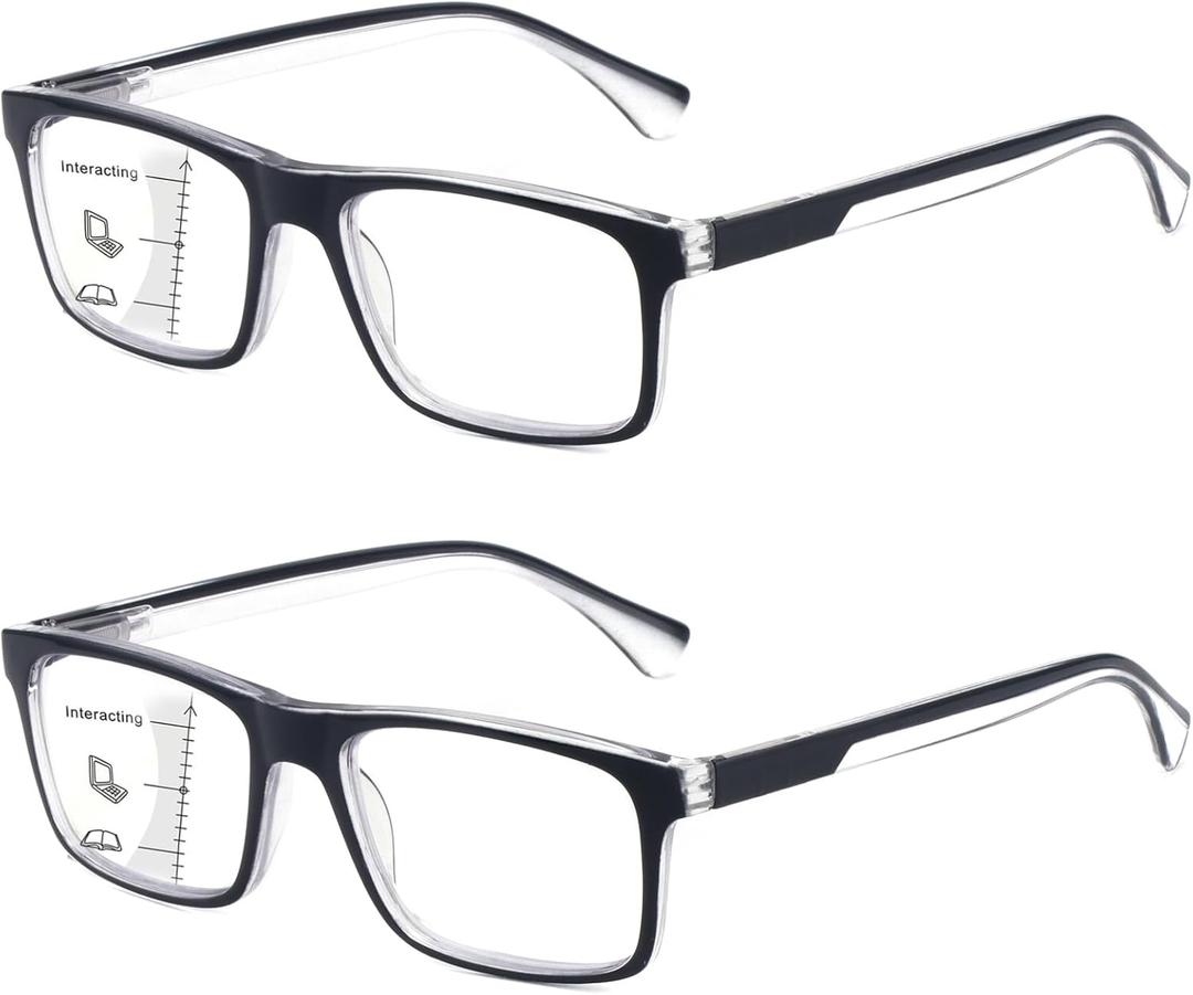 Missfive 2-Pack Mens Light Multifocus Progressive Reading Glasses Blue Light Blocking, Multifocal Spring Hinge Readers No-Line Quality Comfort Trifocal (Workspace For Near Range, Black, 1.5x)