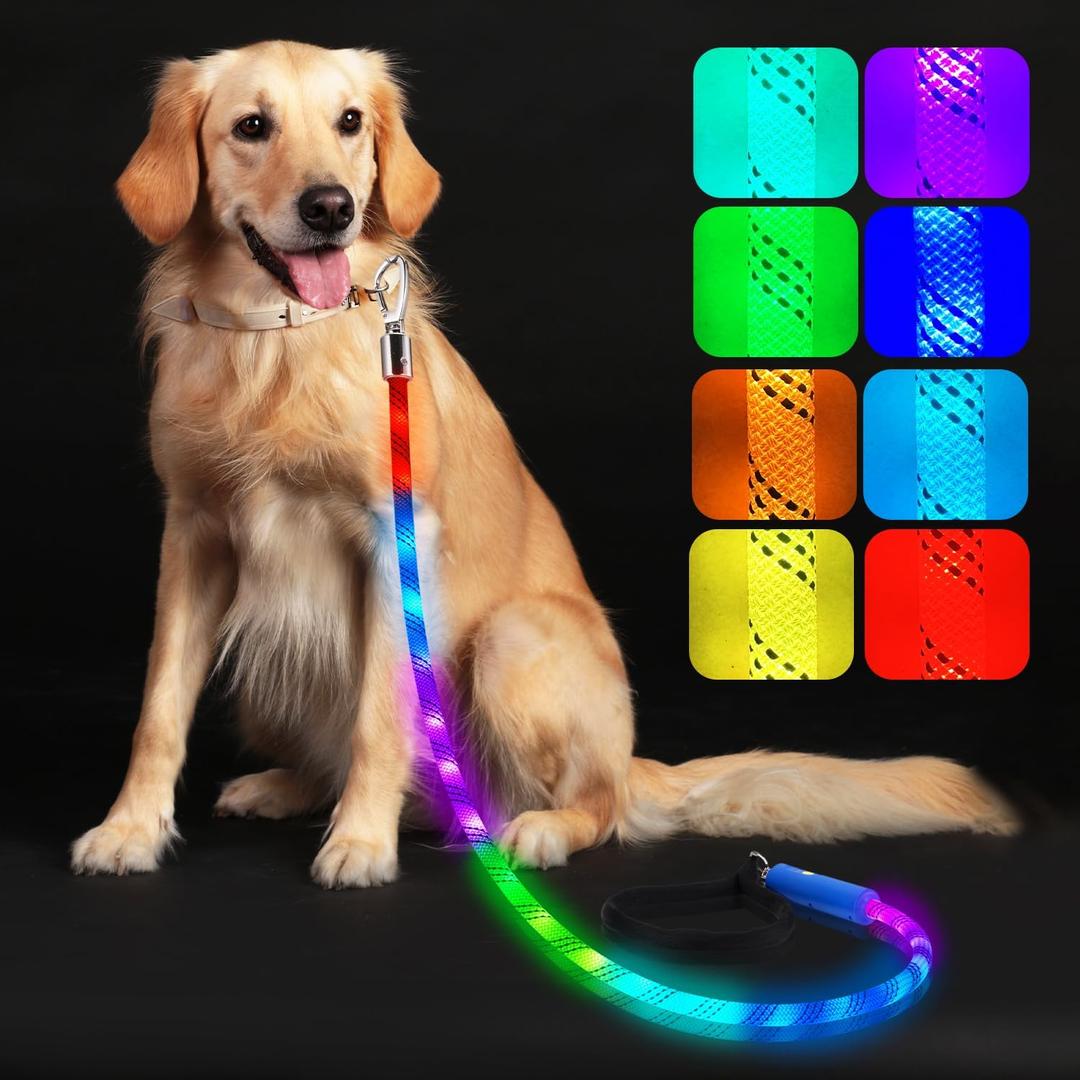 Xeuch Light Up Dog Leash, LED Pet Leash for Night Walking,13 Lighting Modes, Rechargeable Dog Lights, Glow in The Dark Walking Leashes with Tangle-Free Hook for Medium Large Dogs (Leash-5Ft)