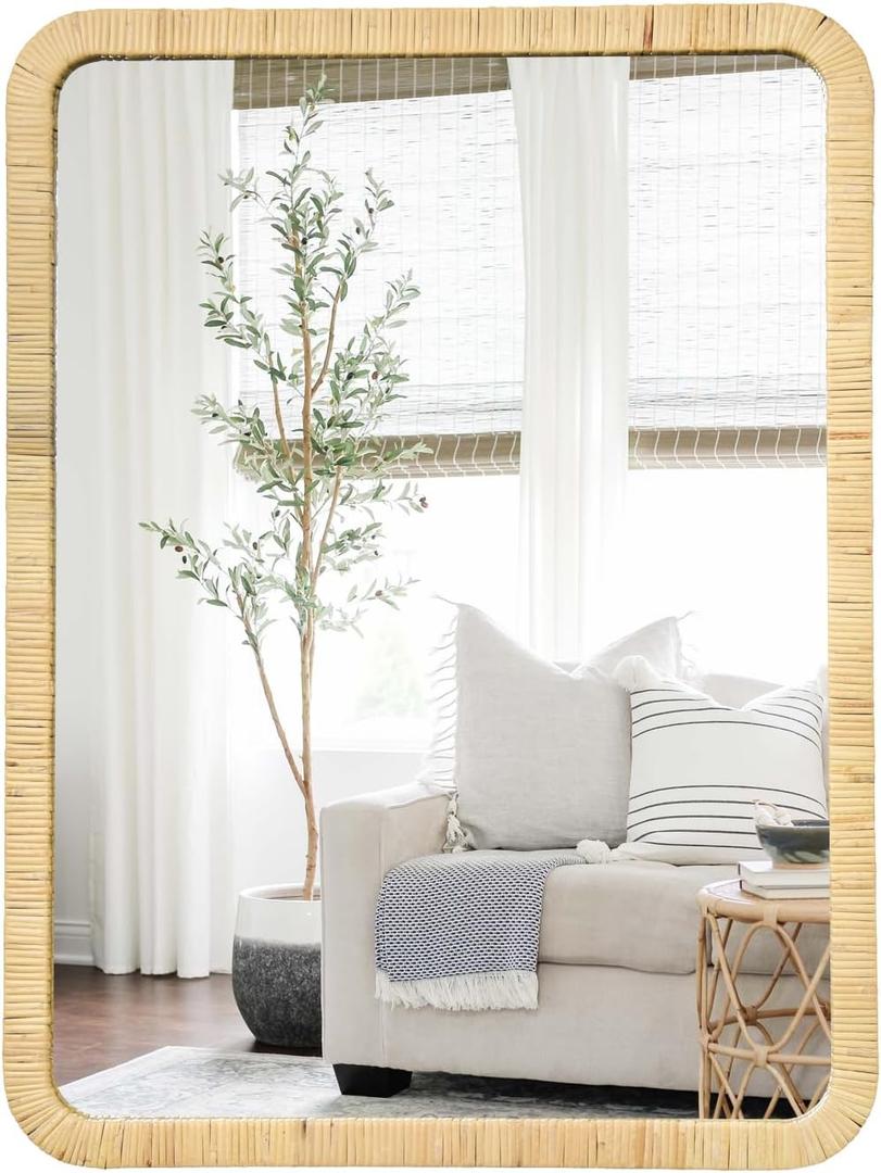 Rectangle Rattan Wall Mirror 22"x28" Rattan Mirror Wooden Framed Wall Mounted Mirror for Bathroom Farmhouse Wicker Mirror for Entryway Living Room Nursery Bedroom Fireplace Nature
