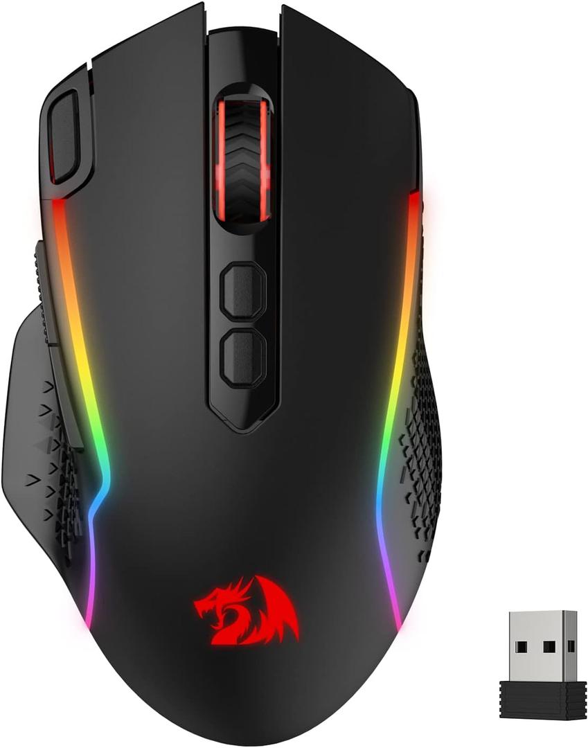 Redragon M810 Pro Wireless Gaming Mouse, 10000 DPI Wired/Wireless Gamer Mouse w/Rapid Fire Key, 8 Macro Buttons, 45-Hour Reliable Power Capacity and RGB Backlit for PC/Mac/Laptop (Black)