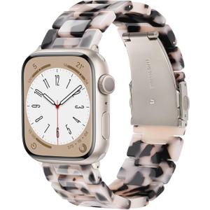 Resin Watch Band Compatible with Apple Watch Band for Women 38mm 40mm 41mm Tortoise Metal Buckle Wristband Bracelet Strap for iWatch Series 10 9 8 7 6 5 4 3 2 1 SE (Black Floral-Starlight) (38mm/40mm/41mm/42mm(Series 10))