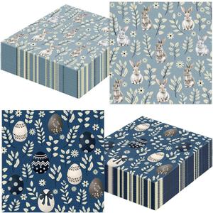 100Pcs Bunny Paper Napkins Easter Disposable Napkins Blue White Rabbit Cocktail Napkin for Decoupage Easter Birthday Party Tableware Supplies Decor, 6.5 x 6.5 Inch