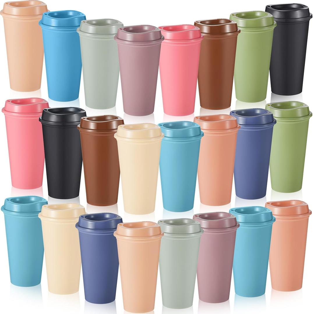 24 Pcs Reusable Coffee Cups with Lids 16 oz Travel Hot Cups Microwavable Plastic Tumblers Coffee Mugs Christmas Gifts Party Favors Adult for Hot and Cold Drinks (Morandi Colors)