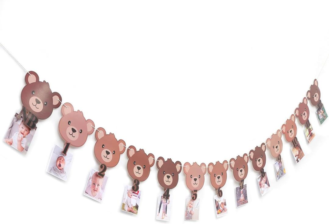Bear 12 Monthly Photo Banner - Bear One Year Milestone Banner,Bear Themed Birthday Party Decoration,Bear Baby Shower Or First Birthday (bear Photo)