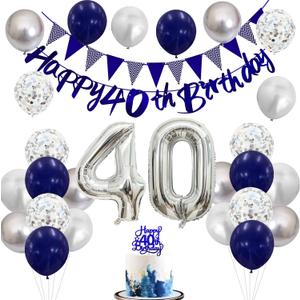 40th Birthday Decorations for Women Men, Black Silver White 40th Birthday Balloons, Black Happy 40th Banner Cake Topper Number 40 Foil Balloon for 40 Year Old Party Decor