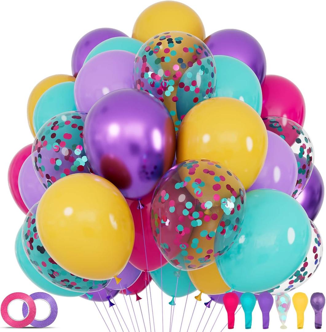 68Pcs Pink Purple Blue Balloon 12 Inch Confetti Balloons Yellow Teal Balloon for Kids Birthday Baby Shower Magic Theme Decoration Engagement Party Supplies.