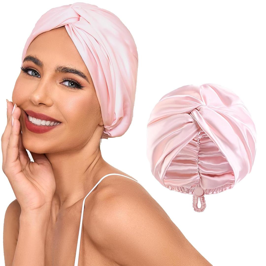 Adjustable Silk Satin Hair Bonnet for Sleeping Women, Double Layer, Silk Hair Wrap for Sleeping Women Men, Curly Natural Braid Straight Unisex - Pink