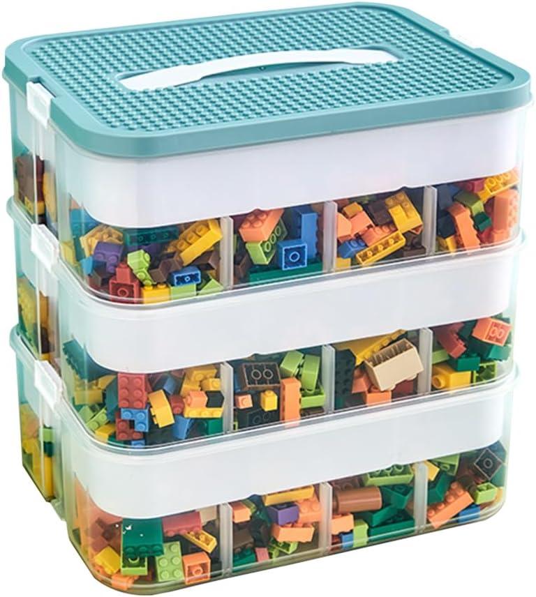 3 Layers Toy Organizer Bins with Compartments, Building Blocks Storage, Storage Containers for Building Brick Storage, Plastic Stackable Organizer Bin Toy Chest (Green 3 Layers)