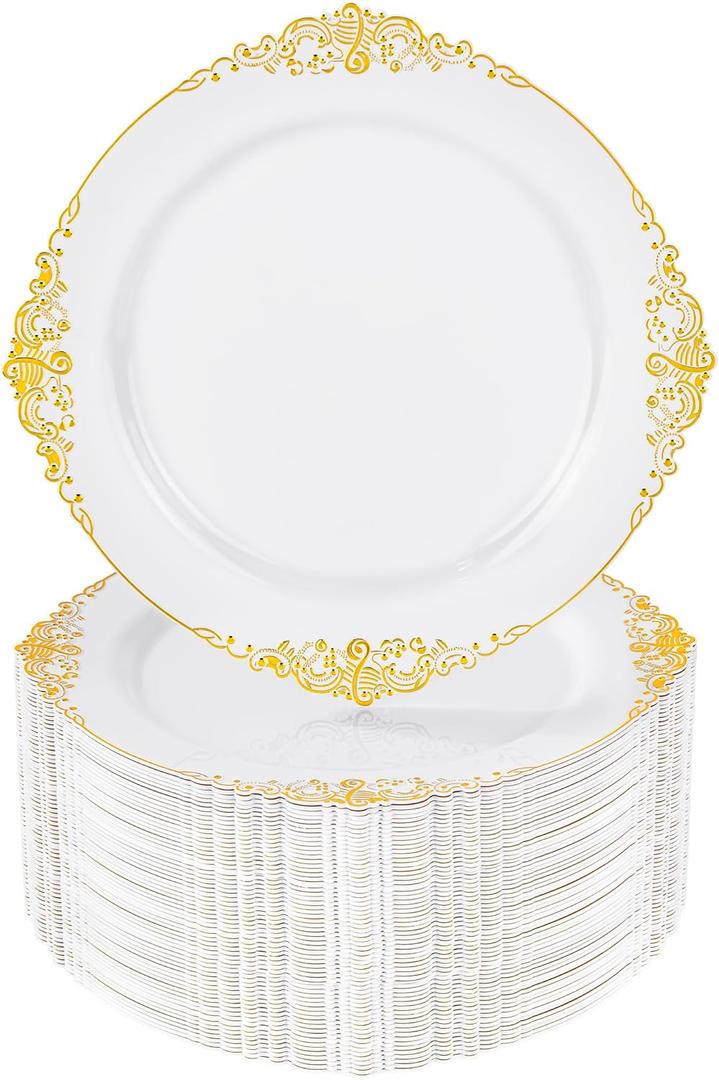 Nervure 100Pcs White and Gold Plastic Plates - 7.5inch Gold Disposable Plates - Heavyweight Plastic Dessert Plate for Wedding & Party