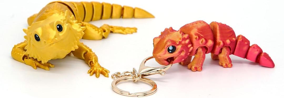 3D Printed Bearded Dragon Animals Set 7 Inch Medium + Mini Lizard Keychain, Hand-Painted Cute Eyes Realistic Reptile Accessories with Full Articulated, Unique Fidget, Gold