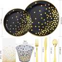 U-QE 350PCS Black Gold Plastic Plates - Halloween Black Plastic Dinnerware Sets for 50 Guests - 100 Disposable Plates, 150 Silverware, 50 Cups, 50 Napkins for Halloween & Wedding & Party