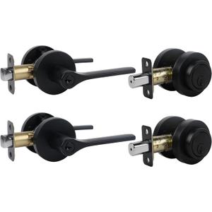 Door Handles Exterior, Keyed Entry Lever and Single Cylinder Deadbolt Combo Pack, Doorknob with Lock and Key, Round Entry Door Locksets Front Door, Matte Black (All Keyed Alike) 2Pack