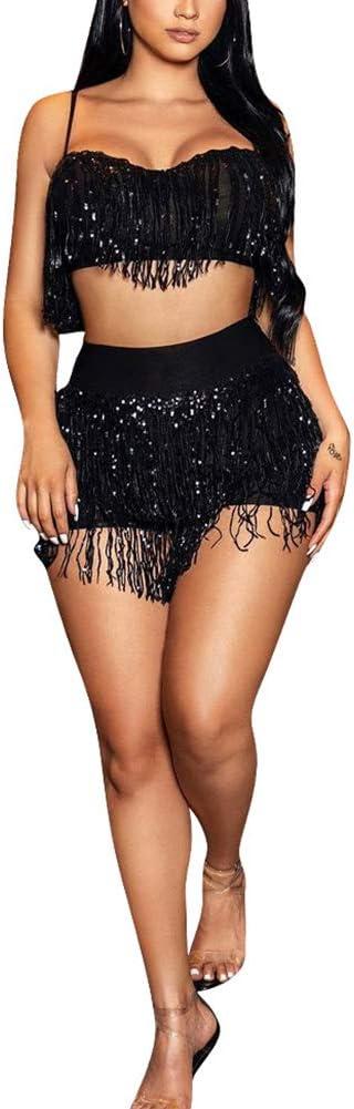 Tbahhir Women's Fringe Sequin 2 Piece Outfit Set Sexy Flowy Tassel Crop Top Shiny Mini Shorts Pants Clubwear (Large, Black)