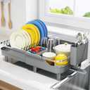 Urackify Expandable Dish Rack for Kitchen Counter, 16.14"-23.62" Large Stainless Steel Dish Drying Rack with Adjustable Water Spout, Space Saving Dish Drainer with Auto Draining Cutlery Holder,Grey