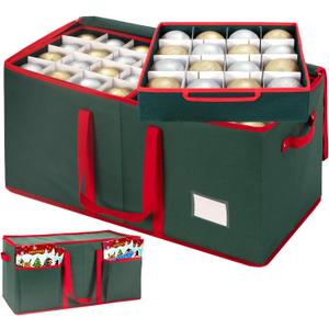 ININ Christmas Ornament Storage Box with Adjustable Dividers,Christmas Ornaments Organizer with Zippered Top,Storage Container Bin with Side Pockets for Holiday Decorations(128 Ball, Green, with Tray)