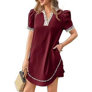 Wenrine Womens Puff Short Sleeve Mini Dress Casual V Neck Color Block Leopard Loose Beach Summer Dresses with Pockets, Small 