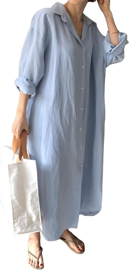 GGUHHU Womens Chic Button Down Rolled-Up Sleeve Long Cotton Blouse Maxi Dress (Medium, Light Blue)