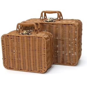 1pc Mini Wicker Picnic Basket, Decorative Prop Suitcase Vintage Storage Hamper Makeup Organizer, Metal Lock Rattan Storage Box with Handles for Sundries Travel Camping and Outdoor Party (Brown, L)