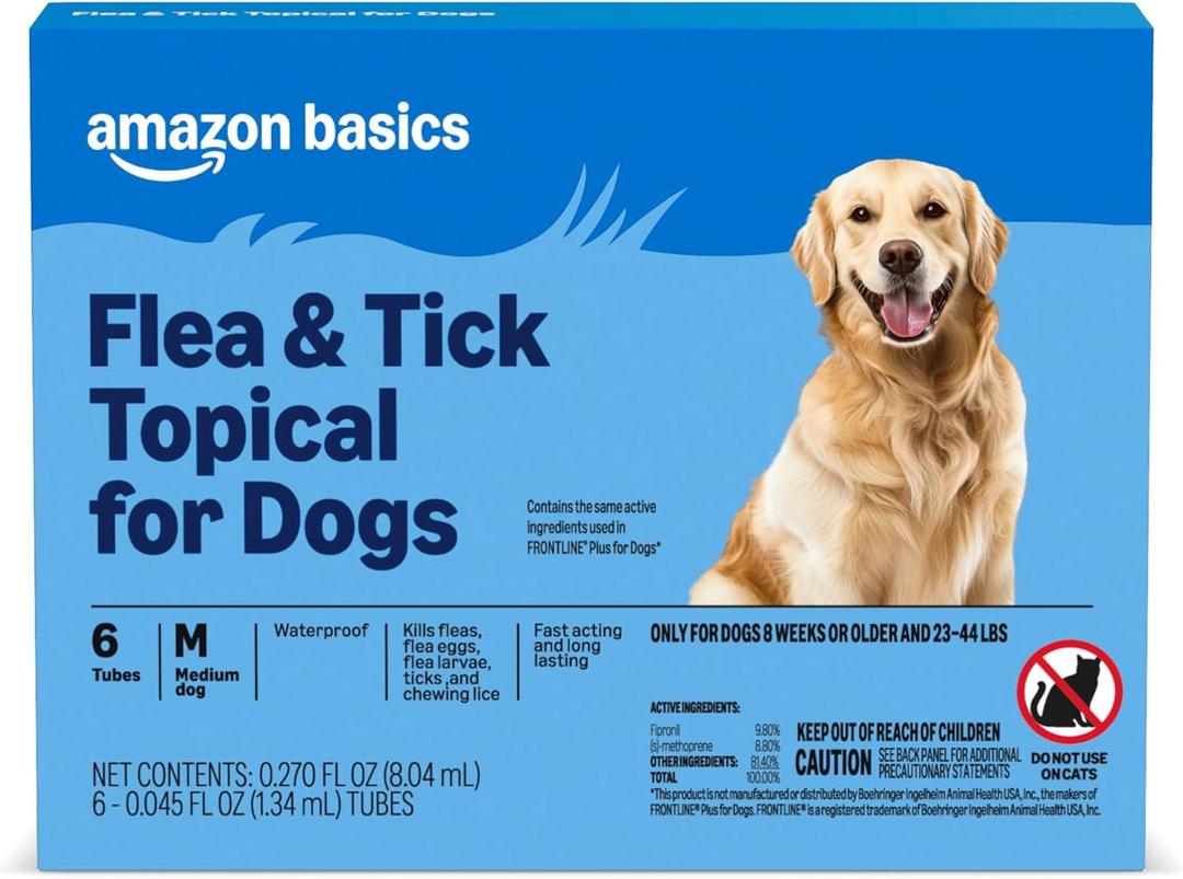 Amazon Basics Preventative Flea and Tick Topical Treatment for Medium Dogs (23-44 lbs), Up to 30 Days Protection, Fast Acting, 6 Counts