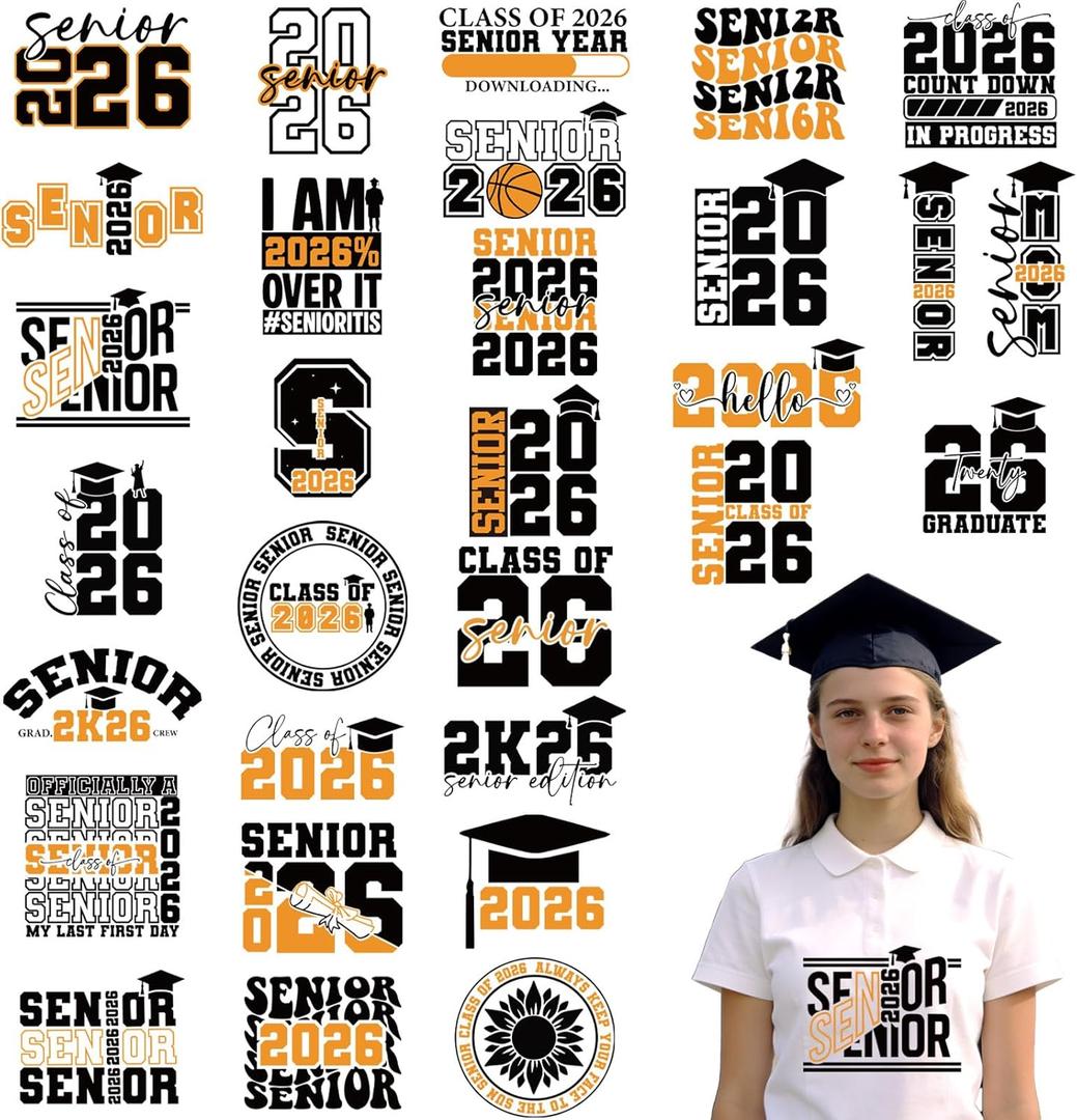 Class of 2026 Iron on Patches - 30 Pcs Senior 2026 Graduation Dtf Transfers Ready to Press, School Iron on Transfers for T-Shirts Cap, Heat Transfer Vinyl Decals for DIY Fabric Clothes Decor