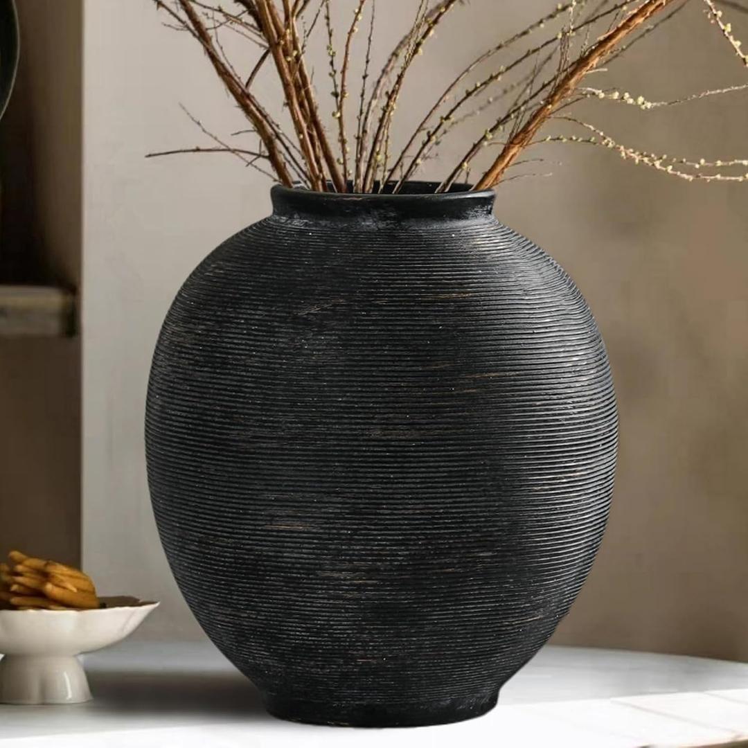 Black Ceramic Flower Vase Home Decor, Large Round Farmhouse Table Vases Rustic Vintage Living Room Entrway Kitchen Bedroom DecorationsMinimalist Hand-Made Textured Vase (9.8 H Black Bronze)