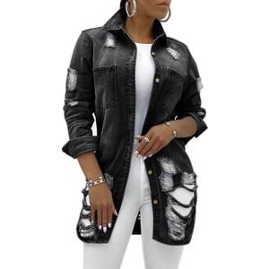 SeNight Women's Jean Jacket Long Sleeve Classic Distressed Fray Hem Tassels Denim Trucker Jackets (X-Large, 1black)