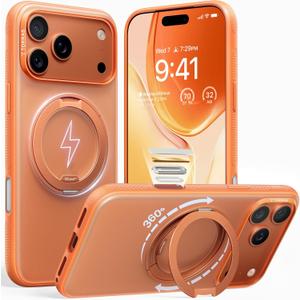 TORRAS 360 Magnetic Stand for iPhone 17 Pro Case, [Fit for MagSafe] [Rotatable Ring Kickstand] [4X Mil-Grade Shockproof] Slim Phone Cover, Camera Button, Cosmic Orange, Translucent, Ostand O3 Fitness